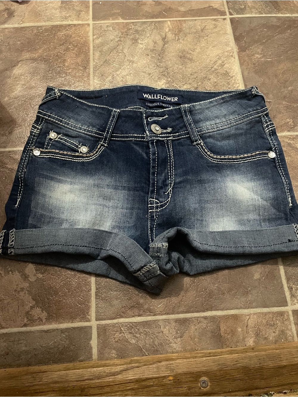 Wallflower Dark Wash Rolled Hem Denim Shorts